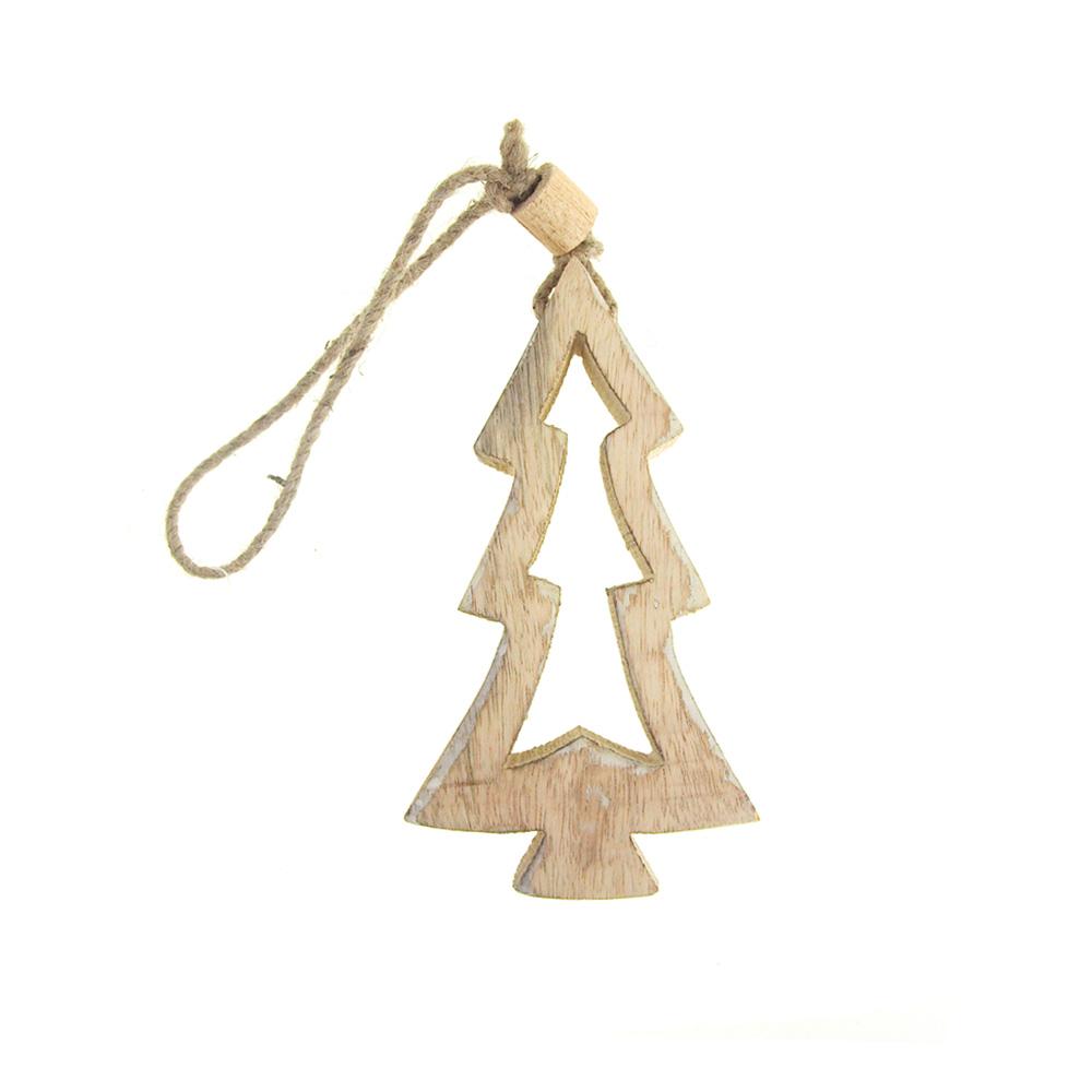Hanging Wood Christmas Tree Cut Out Ornament, White Wash, 6-Inch