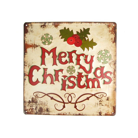 Vintage Style Metal Square "Merry Christmas" Sign with Mistletoe, Beige, 11-3/4-Inch