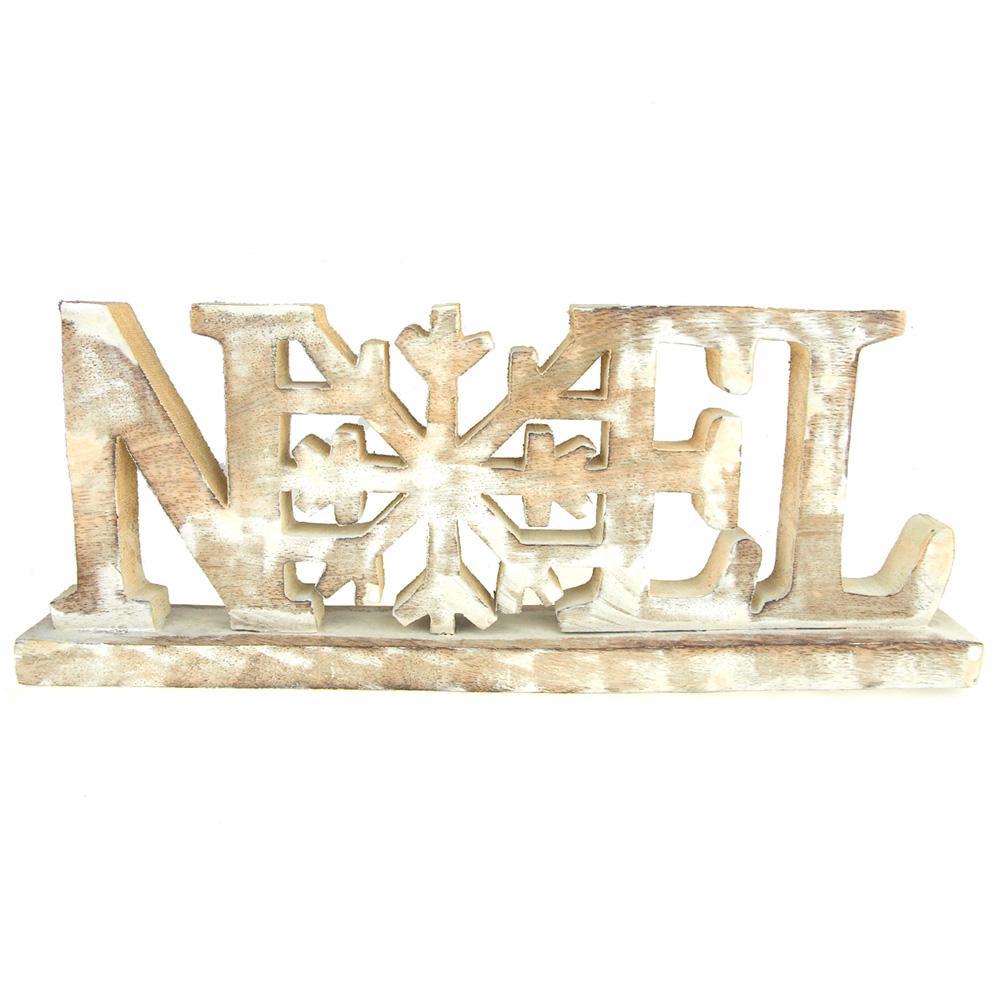 Wooden Noel Snowflake Christmas Distressed Stand, Natural/White, 15-3/4-Inch