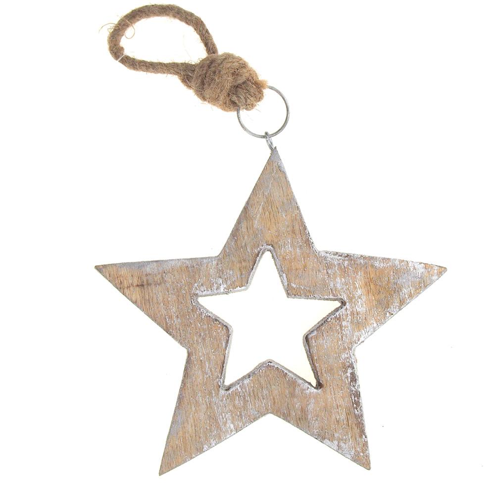 Hanging Wooden Distressed Star Cut-Out Christmas Ornament with Silver Edges, Natural/Silver, 6-Inch