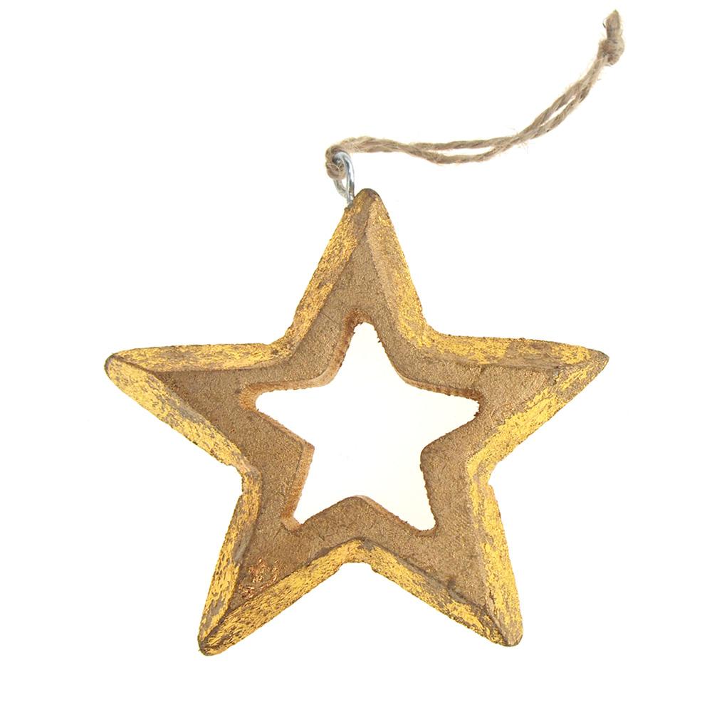 Hanging Wooden Distressed Star Cut-Out Christmas Ornament, 4-Inch